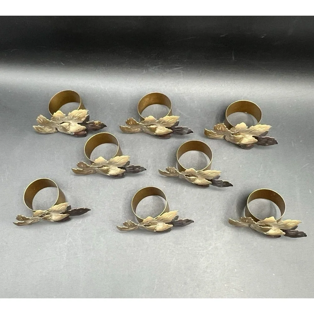 8 Metal Maple Leaf Napkin Rings Holders Brown/Gold-Tone Colors Autumn Fall